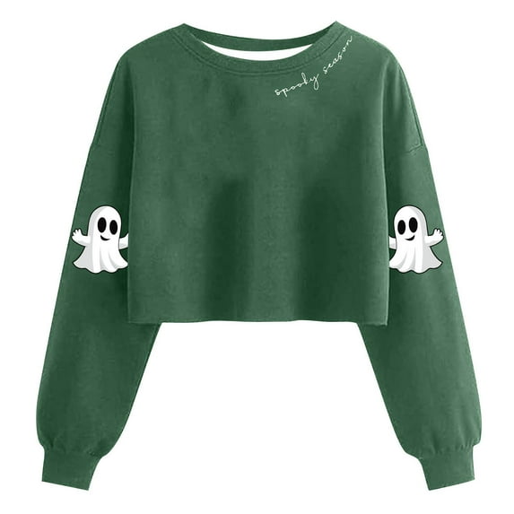 Halloween Sweatshirts for Women Cropped Ghost Graphic Crewneck Sweatshirt Cute Long Sleeve Fall Clothes