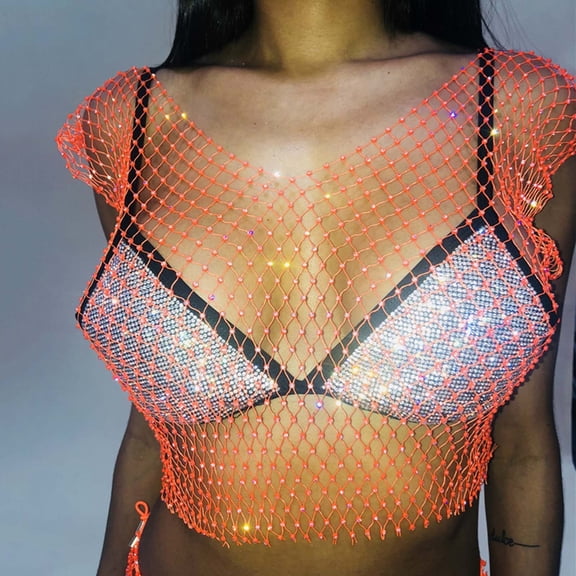 T-Shirts for Women Rhinestone Mesh Sleeveless V-Neck See Through Crop Top Womens Tops D XS