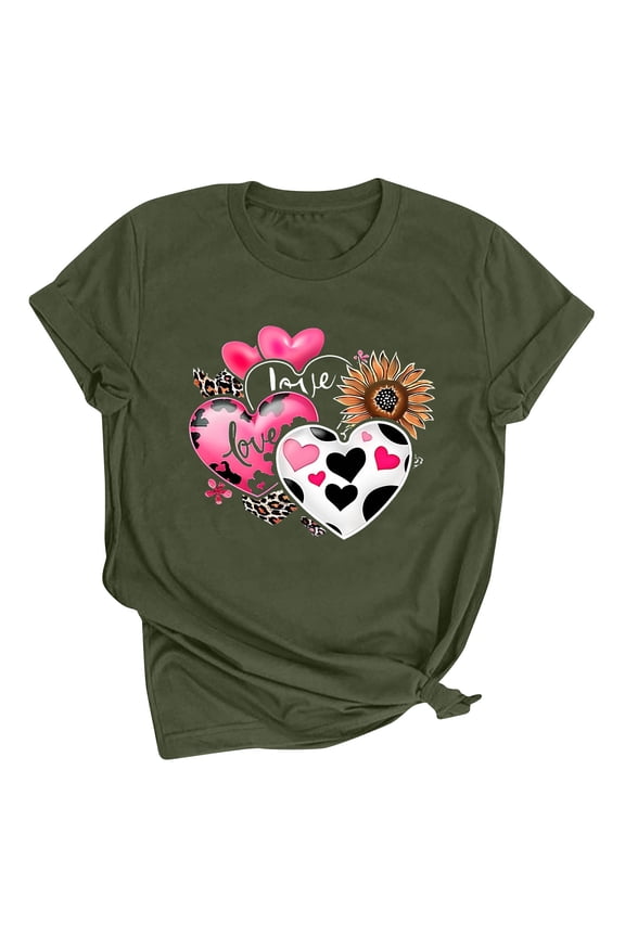 T Shirts for Women Round Neck, Ladies Summer Tops Leopard Hearts Printed T-Shirt Short Sleeve Blouses Casual Basic Tees Loose Fit Tapered Hem Tshirts