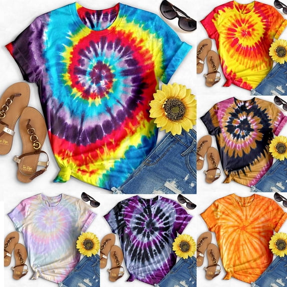 T Shirts for Women Round Neck Tie Dye Print Short Sleeve Loose Summer Top Womens Tees Pink L