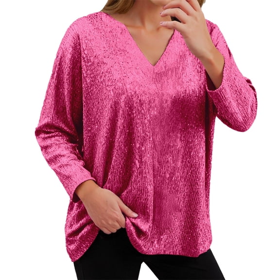 T Shirts for Women Sequin Top for Women Red Long Sleeve Sparkly Tops for Women Shiny Tops Party Shirts Holiday Outfit