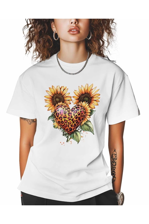T Shirts for Women Short Sleeve Cotton Crewneck T-Shirt, 3D Leopard Print Love Sunflower Tee Tops Casual Basic T-Shirts, XS-5XL White XS
