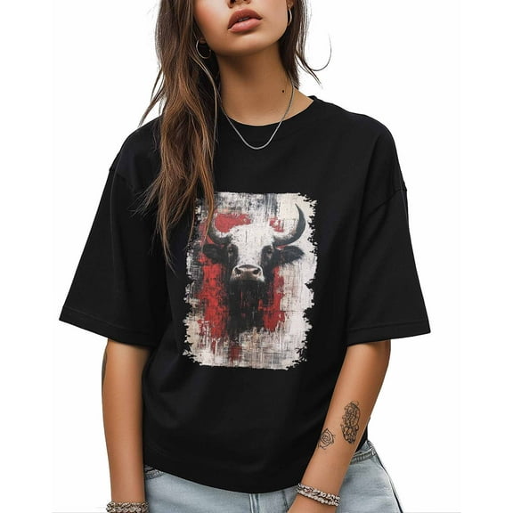 T Shirts for Women Short Sleeve Cotton Crewneck T-Shirt, Abstract Art Vintage Cow Tee Tops Casual Basic T-Shirts, XS-5XL Black 3XL