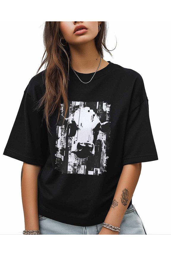 T Shirts for Women Short Sleeve Cotton Crewneck T-Shirt, Abstract Art Vintage Farm Cow Tee Tops Casual Basic T-Shirts, XS-5XL Black XS
