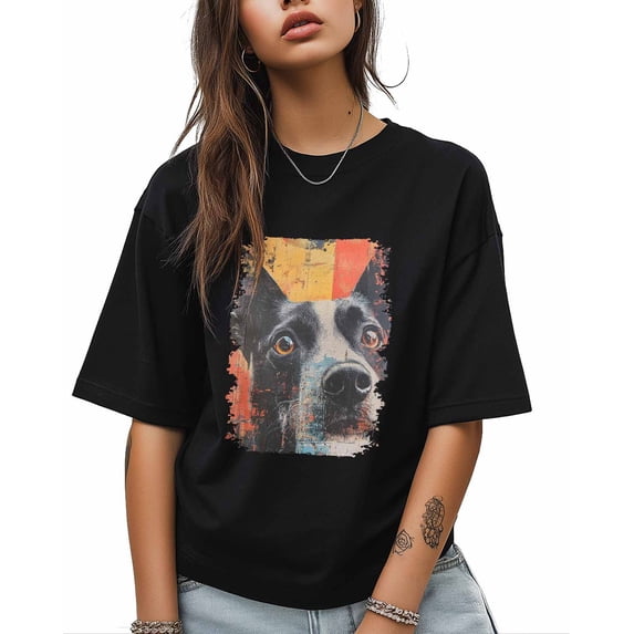 T Shirts for Women Short Sleeve Cotton Crewneck T-Shirt, Abstract Art Vintage Farm Dog Tee Tops Casual Basic T-Shirts, XS-5XL Black 3XL