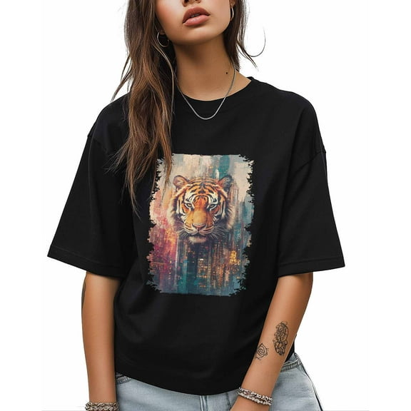 T Shirts for Women Short Sleeve Cotton Crewneck T-Shirt, Abstract Art Vintage Tiger Tee Tops Casual Basic T-Shirts, XS-5XL Black XXL