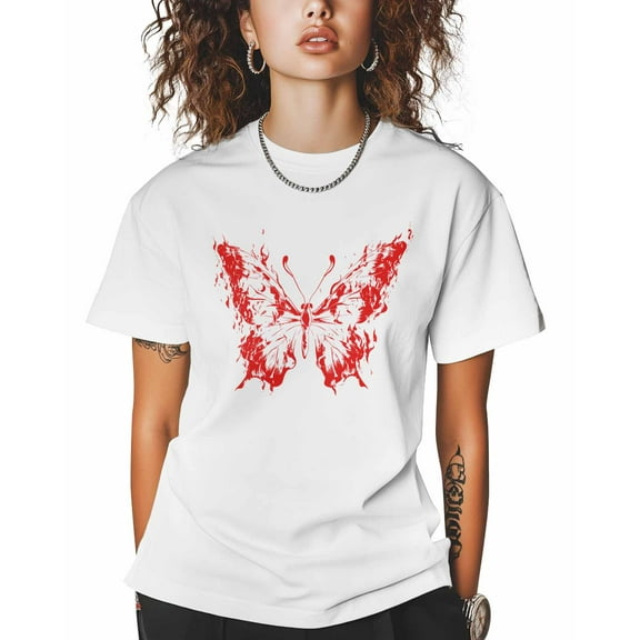 T Shirts for Women Short Sleeve Cotton Crewneck T-Shirt, Abstract Butterfly Streetwear Y2K Graffiti Tee Tops Casual Basic T-Shirts, XS-5XL White S