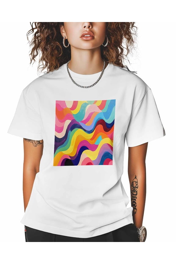T Shirts for Women Short Sleeve Cotton Crewneck T-Shirt, Abstract Colorful Art Rainbow Wave Tee Tops Casual Basic T-Shirts, XS-5XL White 5XL