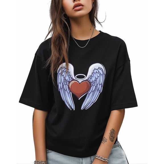 T Shirts for Women Short Sleeve Cotton Crewneck T-Shirt, Abstract Heart Angel Wings Tee Tops Casual Basic T-Shirts, XS-5XL Black L