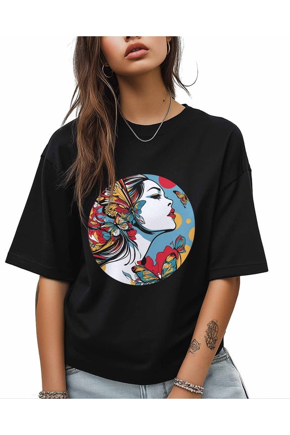 T Shirts for Women Short Sleeve Cotton Crewneck T-Shirt, Abstract Woman Butterfly Circle Tee Tops Casual Basic T-Shirts, XS-5XL Black XS