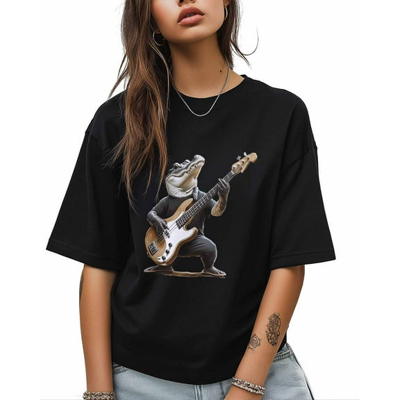 T Shirts for Women Short Sleeve Cotton Crewneck T-Shirt, Alligator Plays Bass Animal Funny Tee Tops Casual Basic T-Shirts, XS-5XL Black XXL