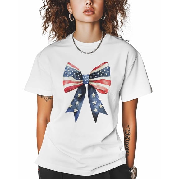 T Shirts for Women Short Sleeve Cotton Crewneck T-Shirt, American Flag Big Bow Tee Tops Casual Basic T-Shirts, XS-5XL White XS