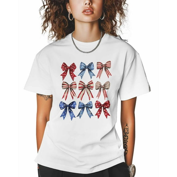 T Shirts for Women Short Sleeve Cotton Crewneck T-Shirt, American Flag Coquette Bow Retro Tee Tops Casual Basic T-Shirts, XS-5XL White XXL