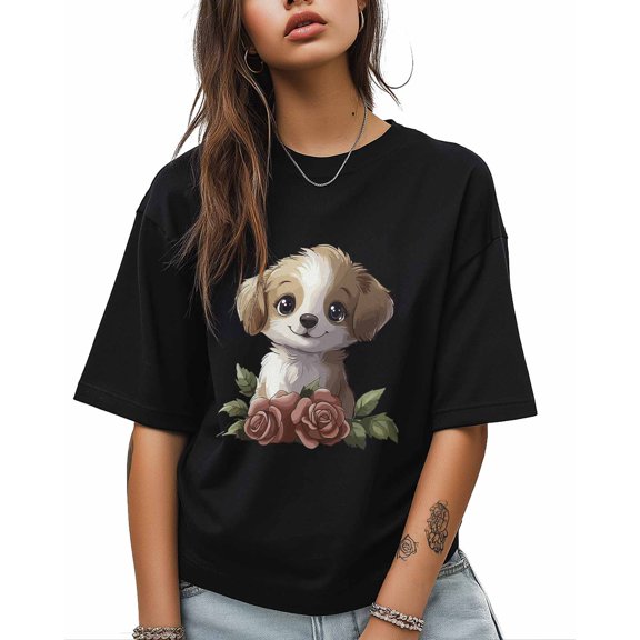 T Shirts for Women Short Sleeve Cotton Crewneck T-Shirt, Animal Cartoon Dog Rose Tee Tops Casual Basic T-Shirts, XS-5XL Black 4XL