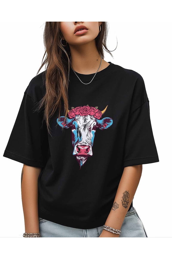T Shirts for Women Short Sleeve Cotton Crewneck T-Shirt, Animal Cow Rose Cartoon Tee Tops Casual Basic T-Shirts, XS-5XL Black 4XL