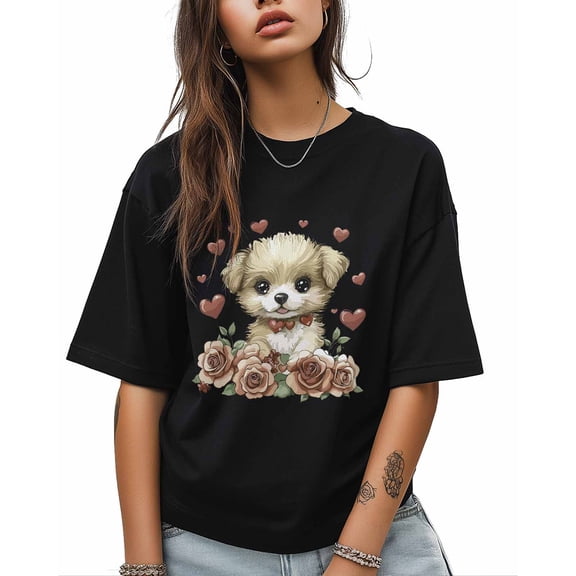 T Shirts for Women Short Sleeve Cotton Crewneck T-Shirt, Animal Cute Puppy Rose Love Tee Tops Casual Basic T-Shirts, XS-5XL Black XS