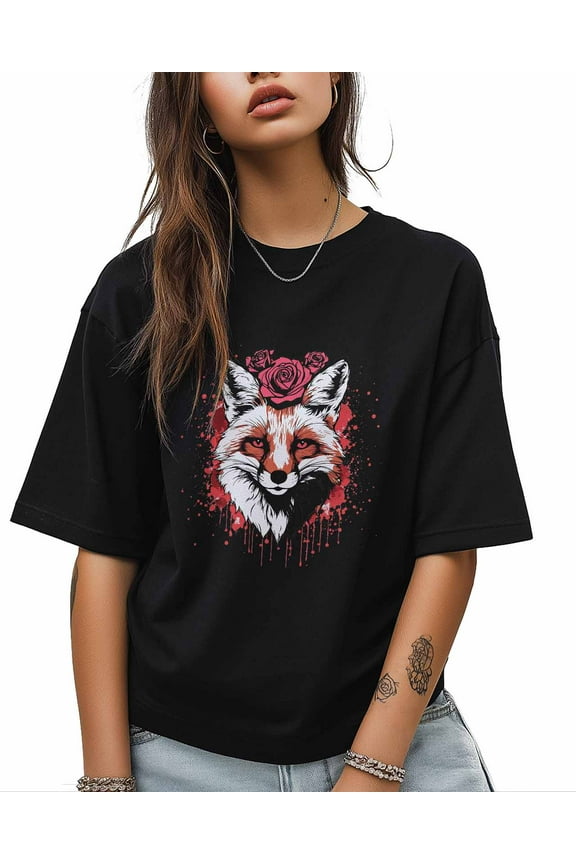 T Shirts for Women Short Sleeve Cotton Crewneck T-Shirt, Animal Fox Rose Red Tee Tops Casual Basic T-Shirts, XS-5XL Black XS