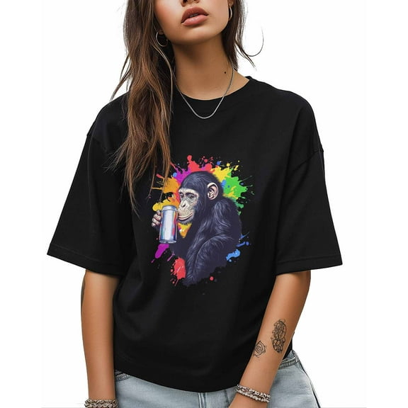 T Shirts for Women Short Sleeve Cotton Crewneck T-Shirt, Animal Hip Hop Chimpanzees Paint Tee Tops Casual Basic T-Shirts, XS-5XL Black 5XL