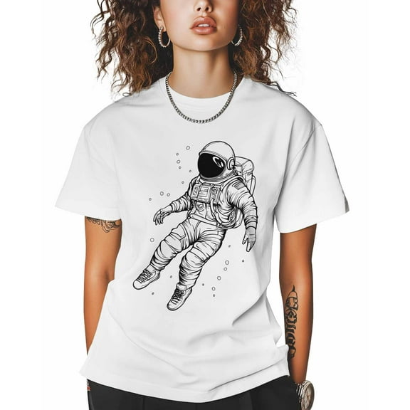 T Shirts for Women Short Sleeve Cotton Crewneck T-Shirt, Astronaut Hand-drawn Cartoon Tee Tops Casual Basic T-Shirts, XS-5XL White 3XL