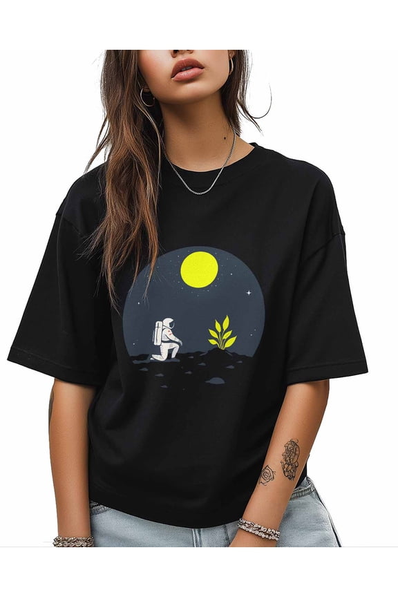 T Shirts for Women Short Sleeve Cotton Crewneck T-Shirt, Astronaut Planet Universe Plant Tee Tops Casual Basic T-Shirts, XS-5XL Black L