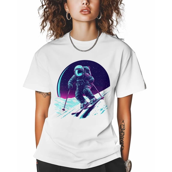 T Shirts for Women Short Sleeve Cotton Crewneck T-Shirt, Astronaut Skiing Sport Funny Cartoon Tee Tops Casual Basic T-Shirts, XS-5XL White L