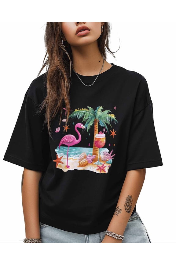 T Shirts for Women Short Sleeve Cotton Crewneck T-Shirt, Beach Flamingo Drink Coconut Tree Tee Tops Casual Basic T-Shirts, XS-5XL Black L