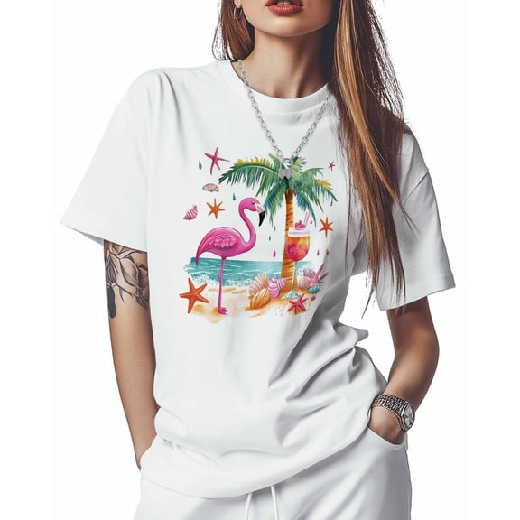 T Shirts for Women Short Sleeve Cotton Crewneck T-Shirt, Beach Flamingo Drink Coconut Tree Tee Tops Casual Basic T-Shirts, XS-5XL White XXL