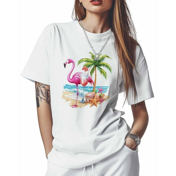 T Shirts for Women Short Sleeve Cotton Crewneck T-Shirt, Beach Flamingo Drink Tree Starfish Tee Tops Casual Basic T-Shirts, XS-5XL White S