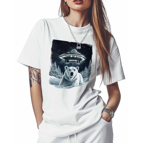 T Shirts for Women Short Sleeve Cotton Crewneck T-Shirt, Bear Spaceship Funny Tee Tops Casual Basic T-Shirts, XS-5XL White XXL