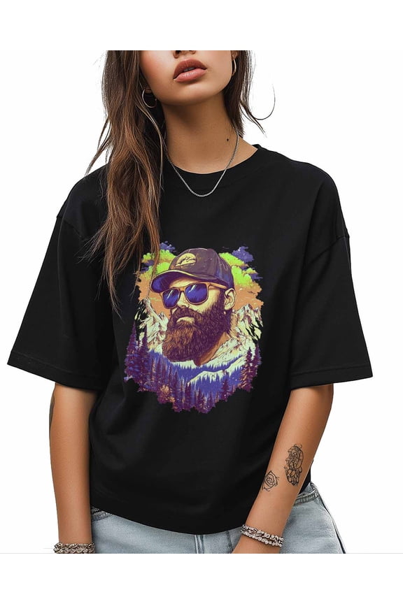 T Shirts for Women Short Sleeve Cotton Crewneck T-Shirt, Bearded Man Nature Scenery Tee Tops Casual Basic T-Shirts, XS-5XL Black XS