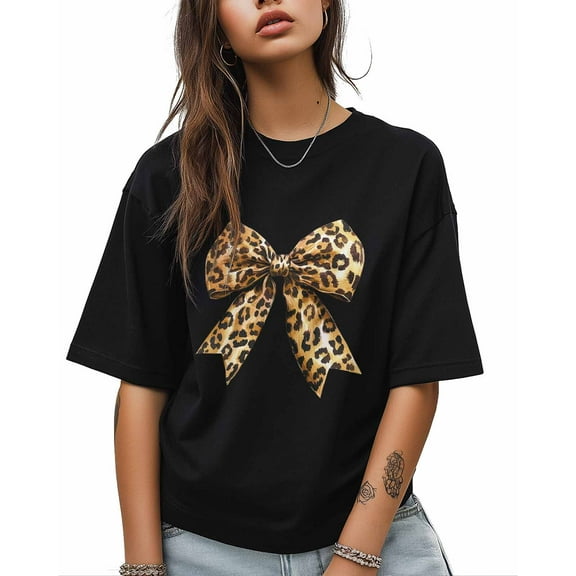 T Shirts for Women Short Sleeve Cotton Crewneck T-Shirt, Big Leopard Print Bow Tee Tops Casual Basic T-Shirts, XS-5XL Black M