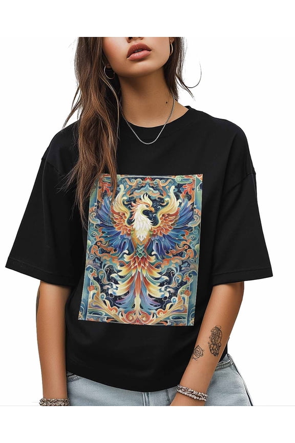 T Shirts for Women Short Sleeve Cotton Crewneck T-Shirt, Birds Auspicious Clouds Chinese Style Tee Tops Casual Basic T-Shirts, XS-5XL Black S