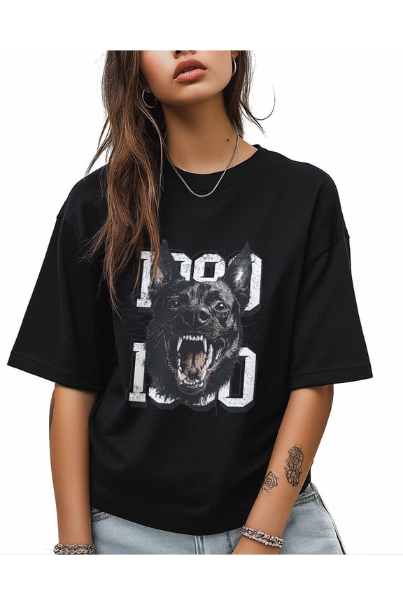 T Shirts for Women Short Sleeve Cotton Crewneck T-Shirt, Black Dog Head Barking Tee Tops Casual Basic T-Shirts, XS-5XL Black M