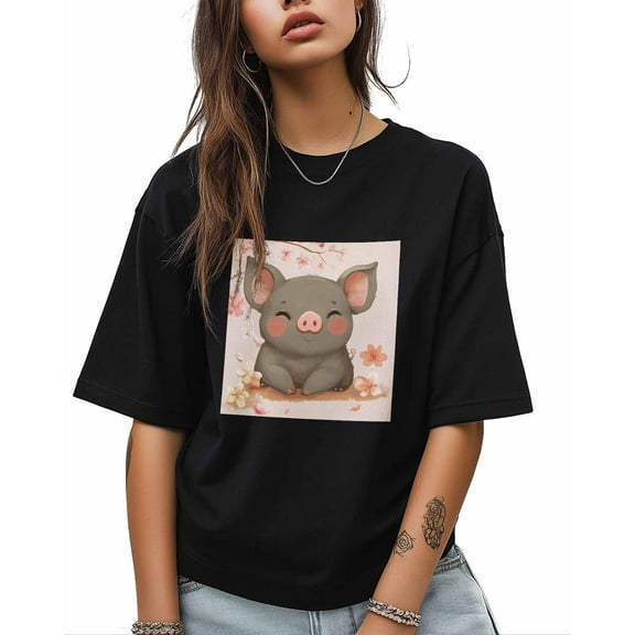 T Shirts for Women Short Sleeve Cotton Crewneck T-Shirt, Black Pig Cherry Blossoms Cute Tee Tops Casual Basic T-Shirts, XS-5XL Black 3XL