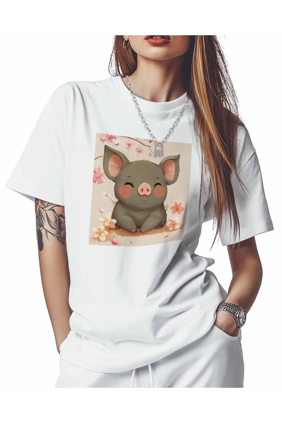 T Shirts for Women Short Sleeve Cotton Crewneck T-Shirt, Black Pig Cherry Blossoms Cute Tee Tops Casual Basic T-Shirts, XS-5XL White 4XL