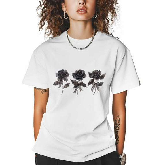 T Shirts for Women Short Sleeve Cotton Crewneck T-Shirt, Black Roses with Bow Tee Tops Casual Basic T-Shirts, XS-5XL White 5XL