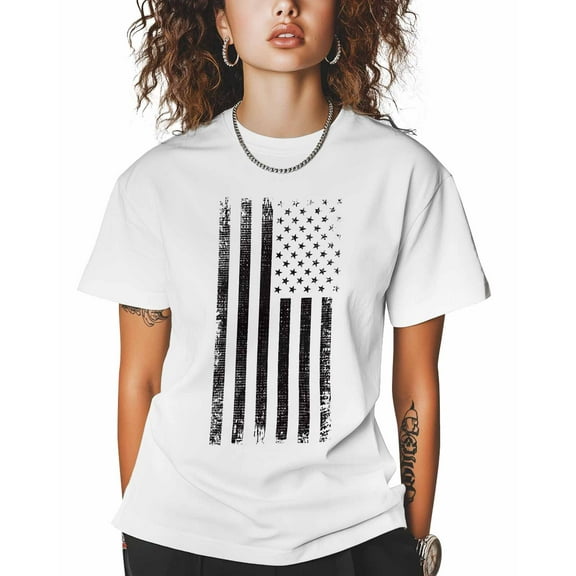 T Shirts for Women Short Sleeve Cotton Crewneck T-Shirt, Black White USA Flag Tee Tops Casual Basic T-Shirts, XS-5XL White XS