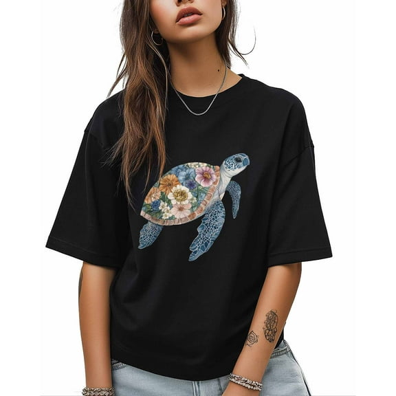 T Shirts for Women Short Sleeve Cotton Crewneck T-Shirt, Blue Flowers Sea Turtles Marine Animals Tee Tops Casual Basic T-Shirts, XS-5XL Black S