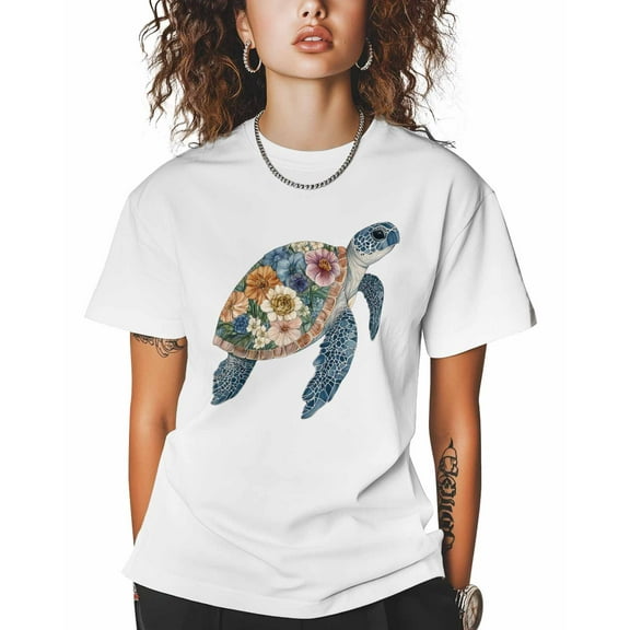 T Shirts for Women Short Sleeve Cotton Crewneck T-Shirt, Blue Flowers Sea Turtles Marine Animals Tee Tops Casual Basic T-Shirts, XS-5XL White 3XL