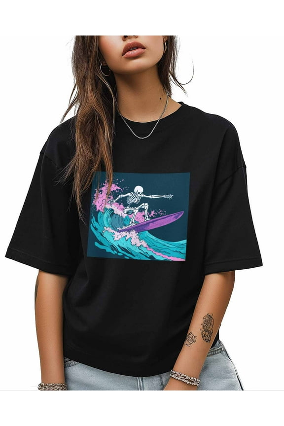 T Shirts for Women Short Sleeve Cotton Crewneck T-Shirt, Blue Ocean Skull Skeleton Surfing Tee Tops Casual Basic T-Shirts, XS-5XL Black 4XL