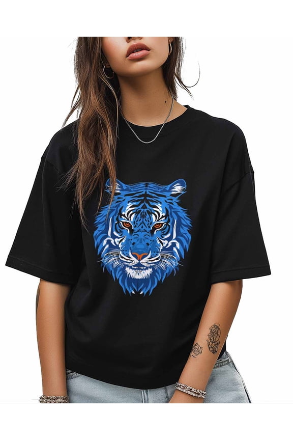 T Shirts for Women Short Sleeve Cotton Crewneck T-Shirt, Blue Tiger Animals Tee Tops Casual Basic T-Shirts, XS-5XL Black XS
