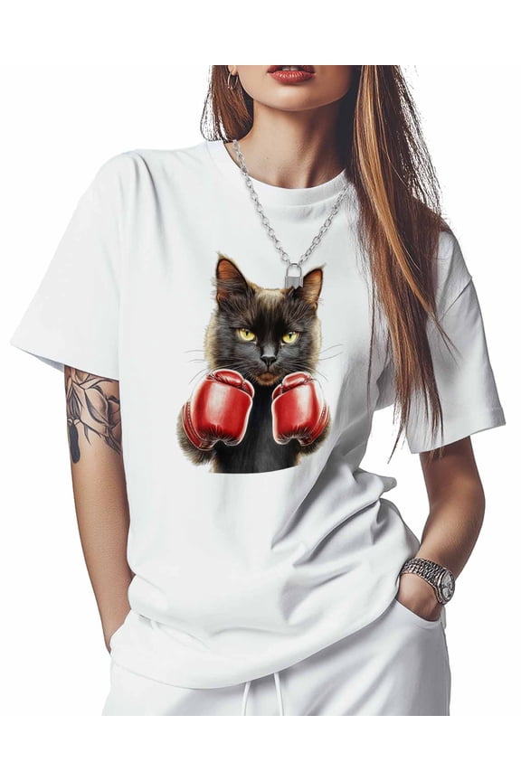 T Shirts for Women Short Sleeve Cotton Crewneck T-Shirt, Boxing Cat Funny Animal Tee Tops Casual Basic T-Shirts, XS-5XL White XXL