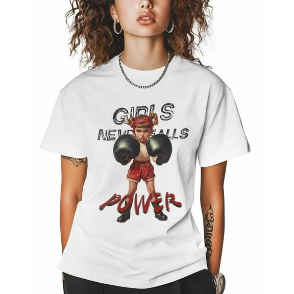 T Shirts for Women Short Sleeve Cotton Crewneck T-Shirt, Boxing Girls Never Falls Power Black Tee Tops Casual Basic T-Shirts, XS-5XL White 5XL