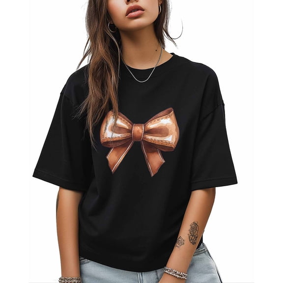 T Shirts for Women Short Sleeve Cotton Crewneck T-Shirt, Brown Bow Cute Tee Tops Casual Basic T-Shirts, XS-5XL Black XL