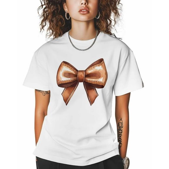 T Shirts for Women Short Sleeve Cotton Crewneck T-Shirt, Brown Bow Cute Tee Tops Casual Basic T-Shirts, XS-5XL White L