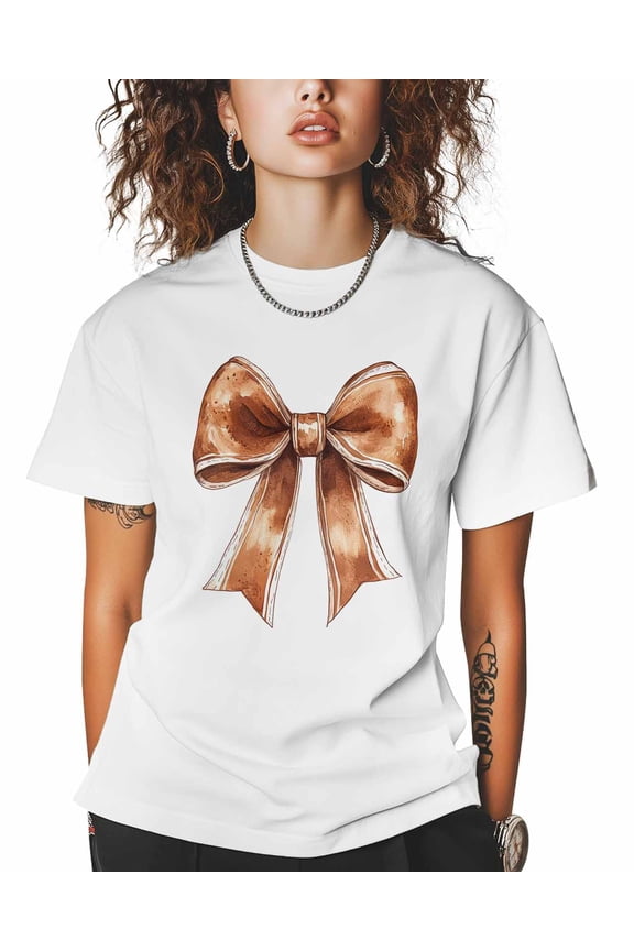 T Shirts for Women Short Sleeve Cotton Crewneck T-Shirt, Brown Bow White Line Decor Tee Tops Casual Basic T-Shirts, XS-5XL White 5XL