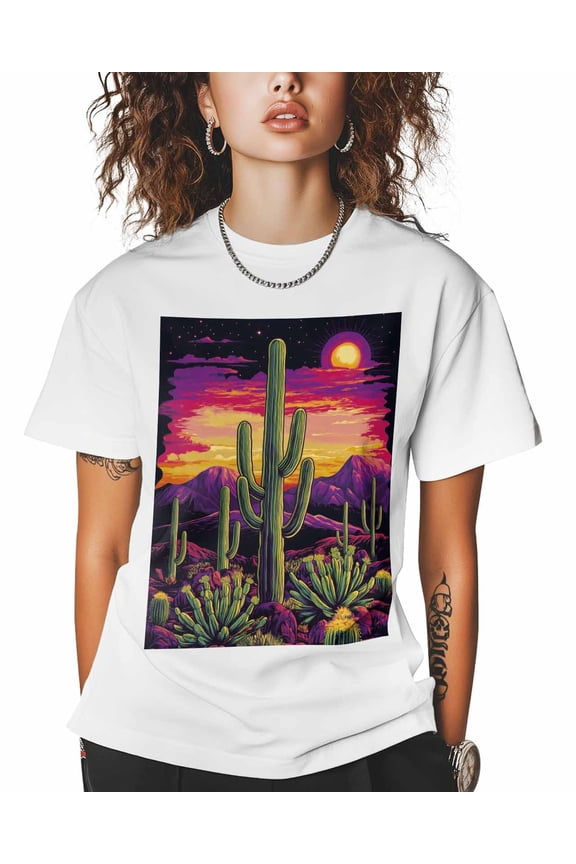 T Shirts for Women Short Sleeve Cotton Crewneck T-Shirt, Cactus Sunset Desert Mountain West Tee Tops Casual Basic T-Shirts, XS-5XL White 5XL