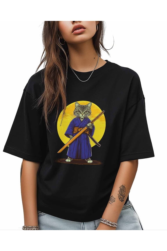 T Shirts for Women Short Sleeve Cotton Crewneck T-Shirt, Cartoon Animal Cat Samurai Tee Tops Casual Basic T-Shirts, XS-5XL Black XS
