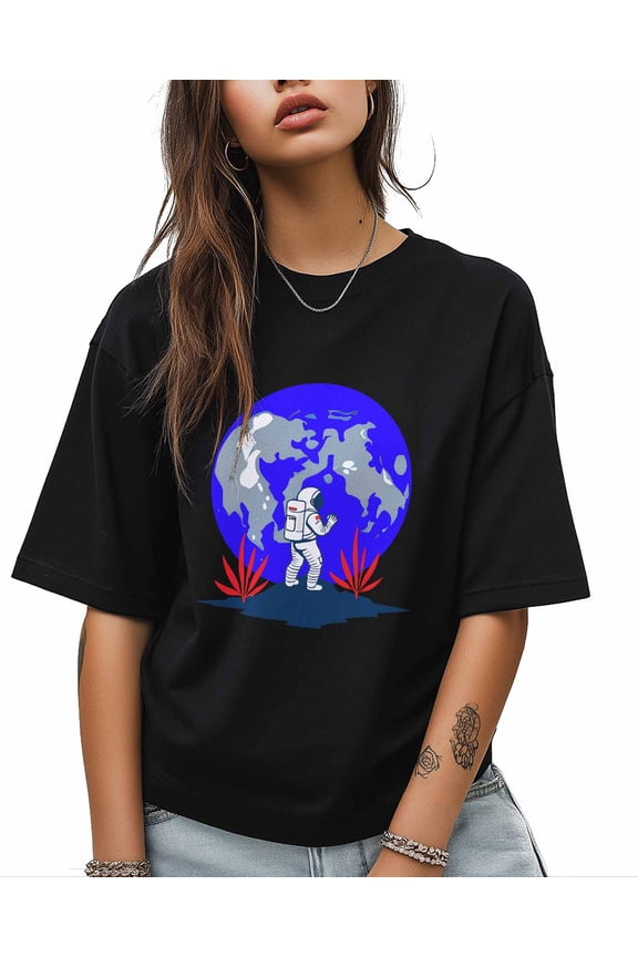 T Shirts for Women Short Sleeve Cotton Crewneck T-Shirt, Cartoon Astronaut Planet Plant Tee Tops Casual Basic T-Shirts, XS-5XL Black 3XL