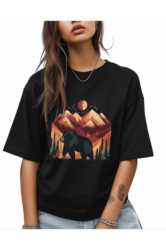 T Shirts for Women Short Sleeve Cotton Crewneck T-Shirt, Cartoon Bear Mountain Sun Nature Tee Tops Casual Basic T-Shirts, XS-5XL Black 3XL